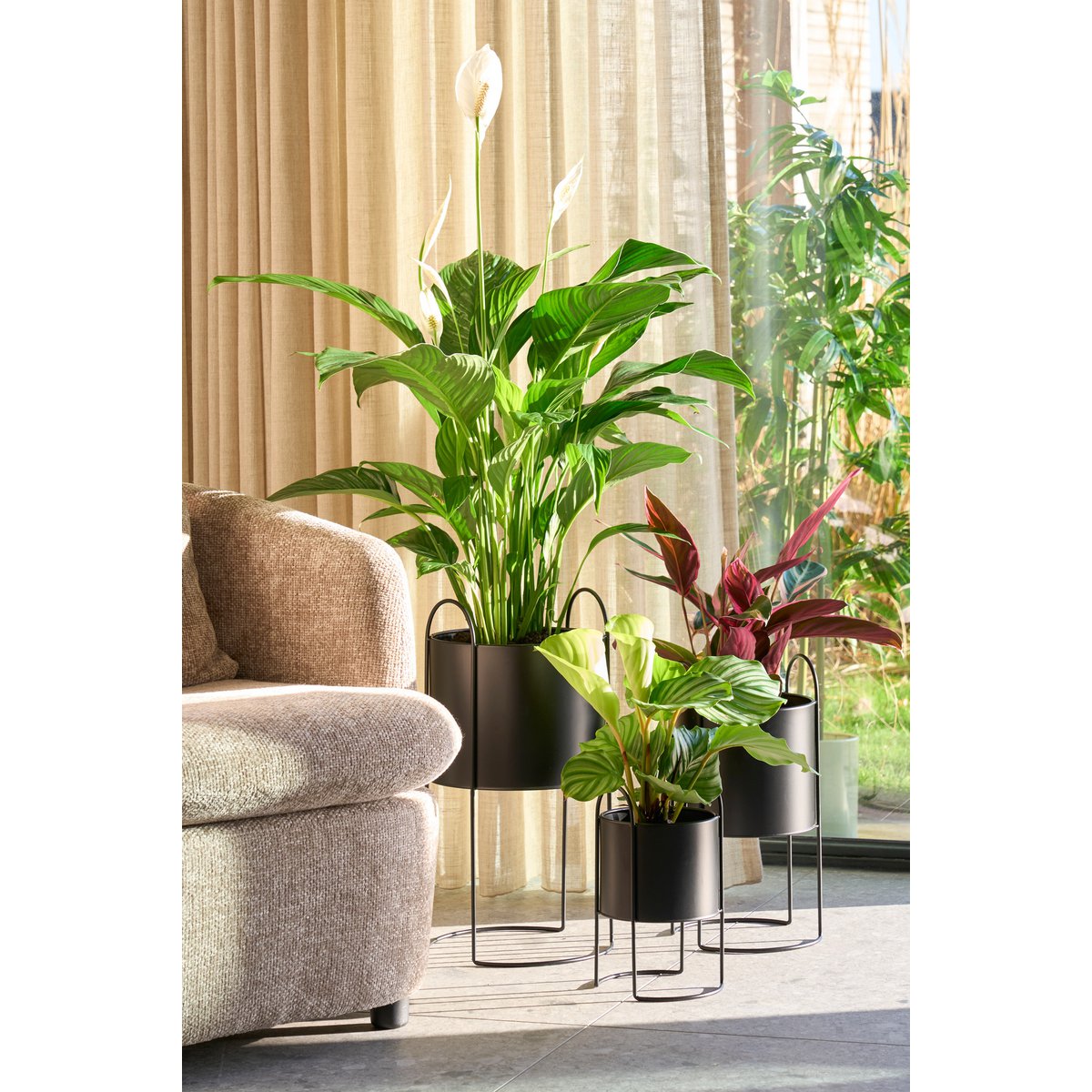 Petry Bloempot op Standaard - Set van 3 - L27 x B25 x H51 cm - Metaal - Zwart